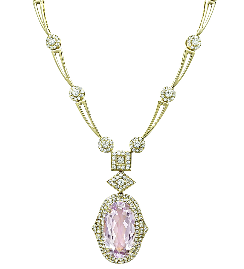 Estate 35.00ct Kunzite 5.00ct Diamond Gold Necklace