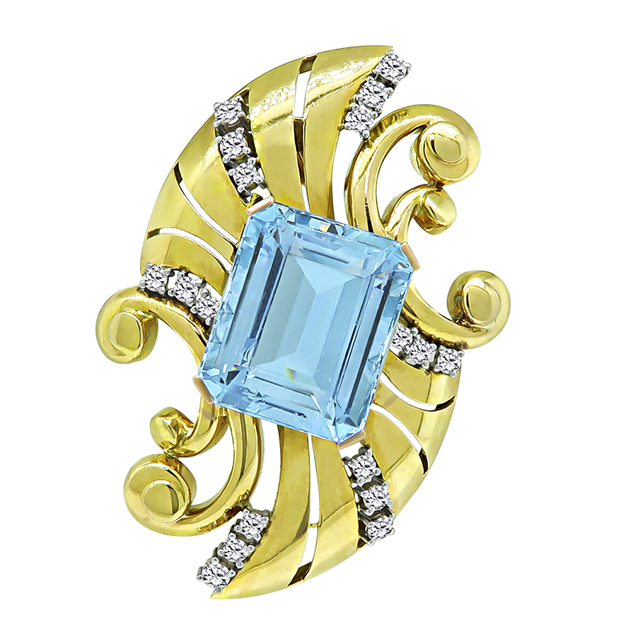 Estate 36.00ct Aquamarine 2.50ct Diamond Gold Pin