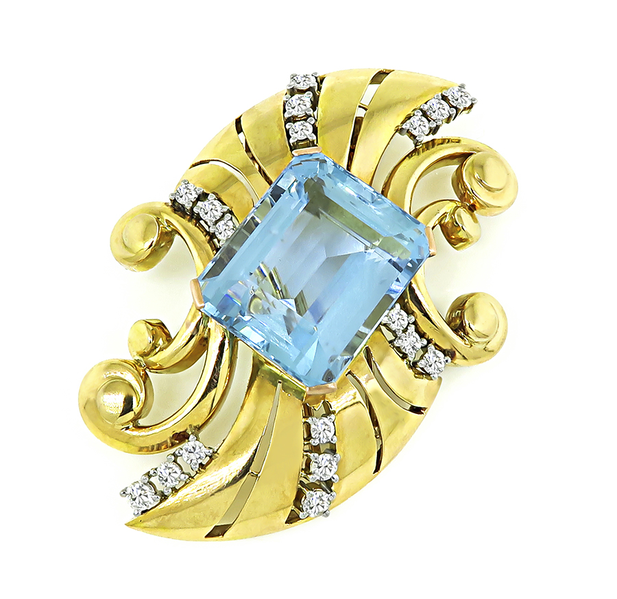 Estate 36.00ct Aquamarine 2.50ct Diamond Gold Pin