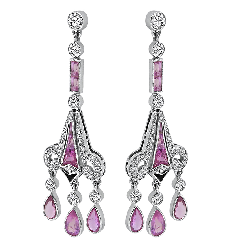 Estate 4.49ct Pink Sapphire 1.38ct Diamond Onyx Dangling Earrings