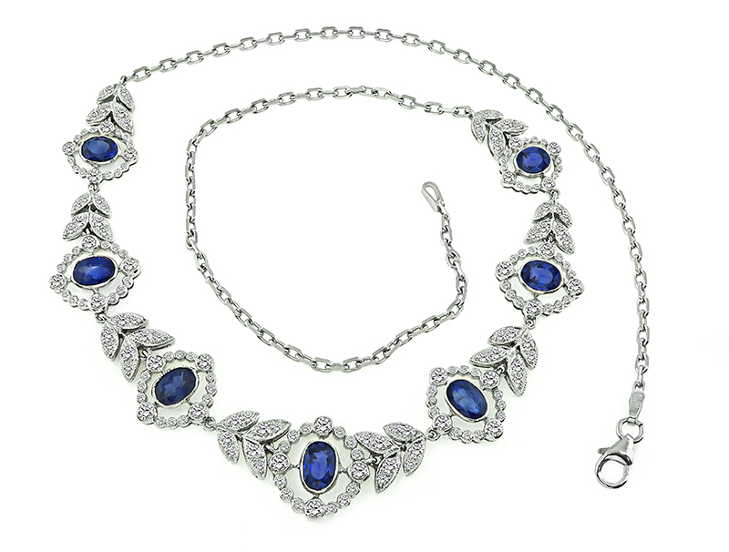 Oval Cut Sapphire Round Cut Diamond 18k and 14k White Gold Necklace