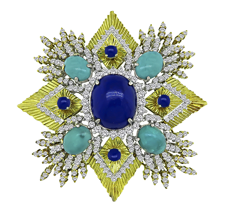 Estate 5.50ct Diamond Lapis Turquoise Gold Pin / Pendant