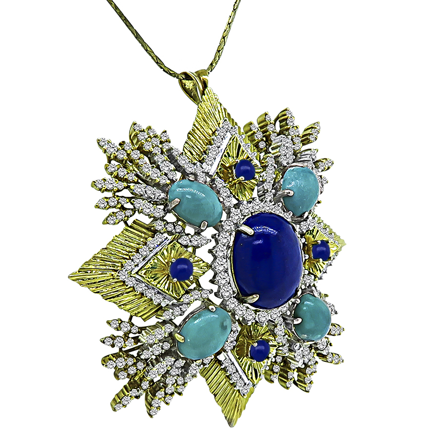 Estate 5.50ct Diamond Lapis Turquoise Gold Pin / Pendant