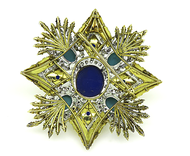 Estate 5.50ct Diamond Lapis Turquoise Gold Pin / Pendant