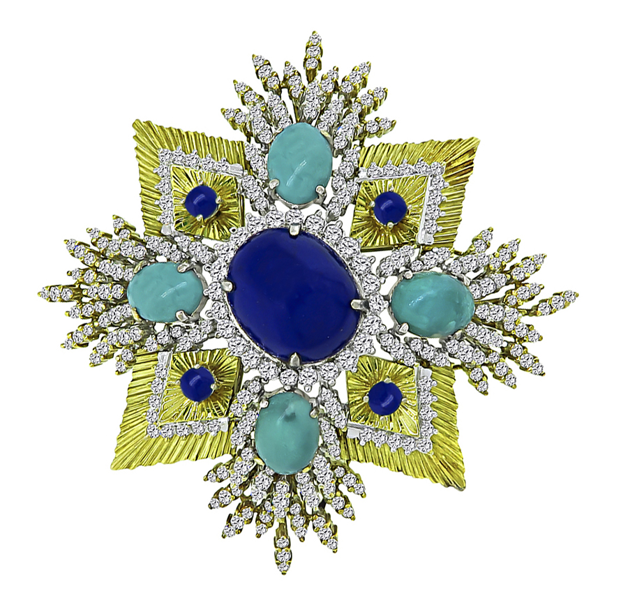 Estate 5.50ct Diamond Lapis Turquoise Gold Pin / Pendant
