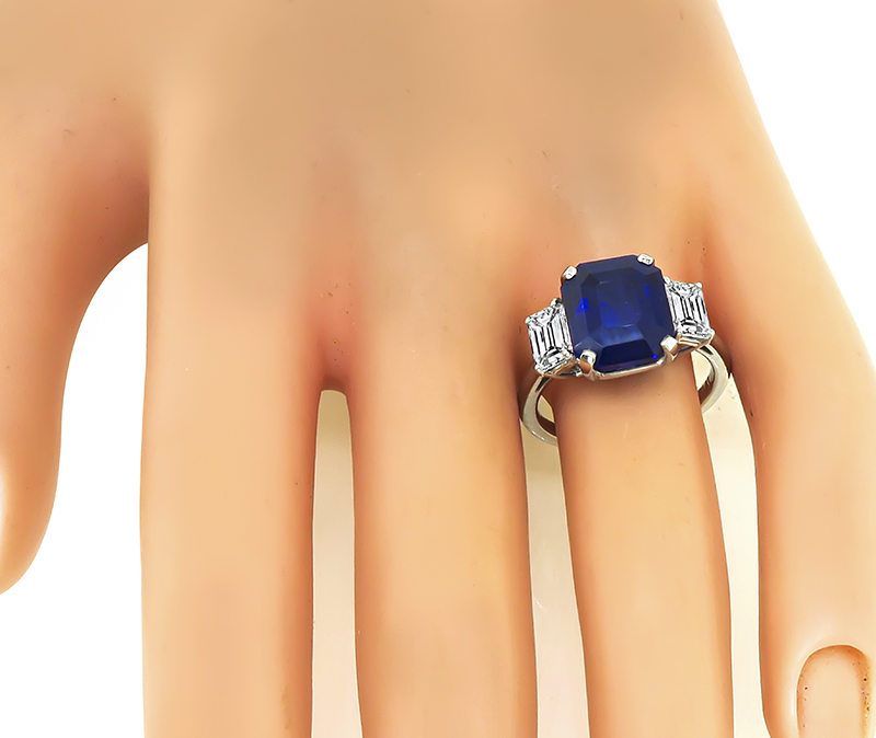 Estate 6.76ct Ceylon Sapphire GIA Certified 1.22ct Diamond Engagement Ring