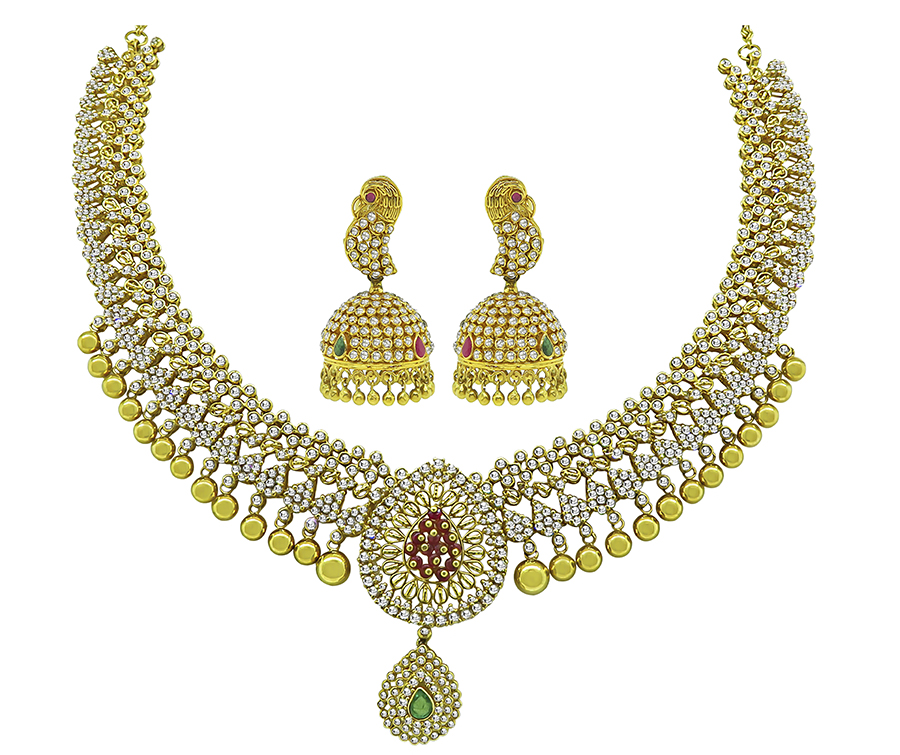 Estate 10.75ct Diamond Emerald Ruby Necklace and Earrings Set