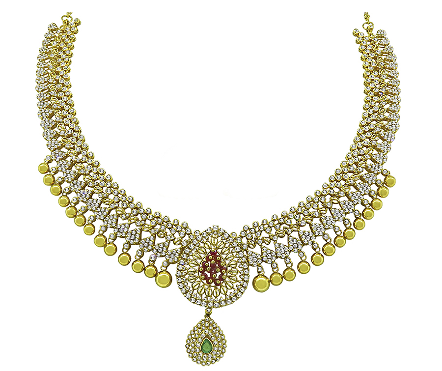 Estate 10.75ct Diamond Emerald Ruby Necklace and Earrings Set