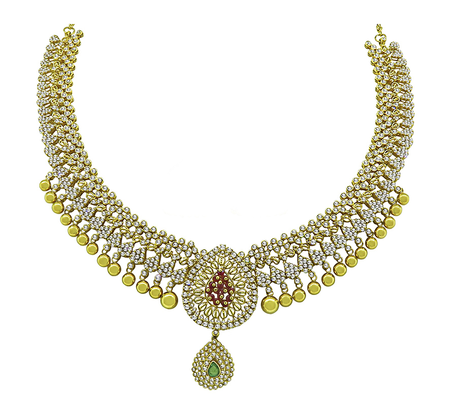 Estate 8.00 Diamond Emerald Ruby Gold Necklace