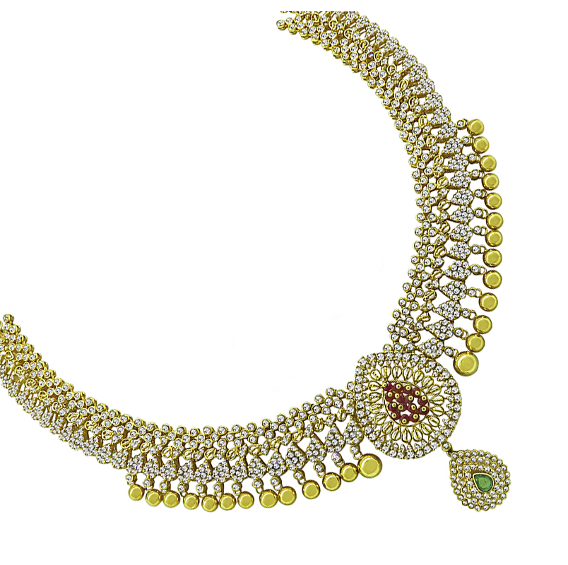 Estate 8.00 Diamond Emerald Ruby Gold Necklace