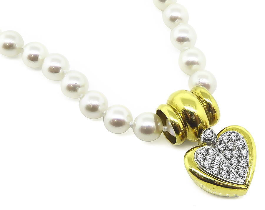 Estate Chimento Pearl 0.90ct Diamond Heart Pendant Necklace