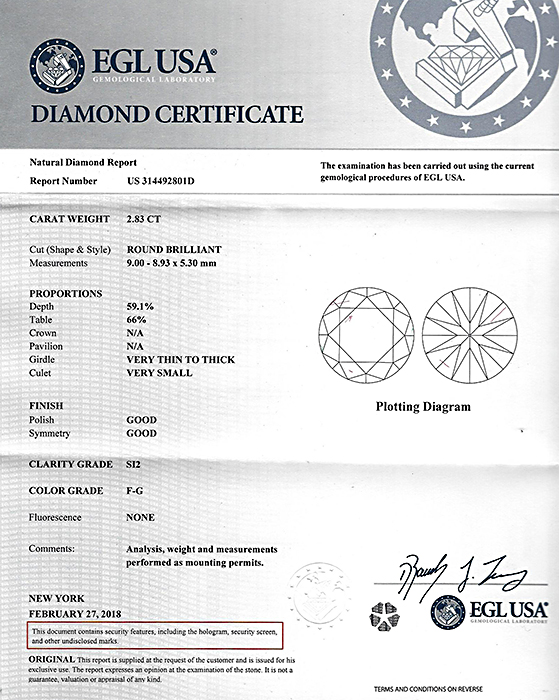 EGL Certified 2.83ct Diamond Engagement Ring