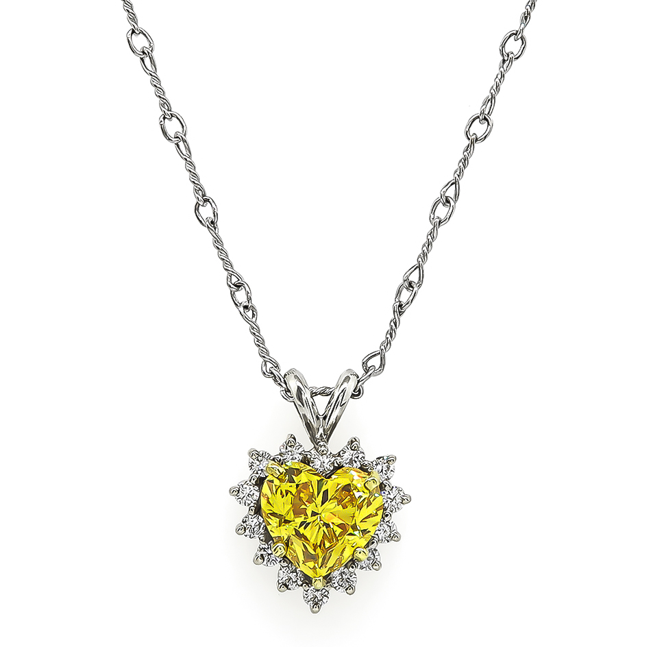 Estate 2.38ct Yellow Diamond 0.40ct Diamond Heart Pendant Necklace