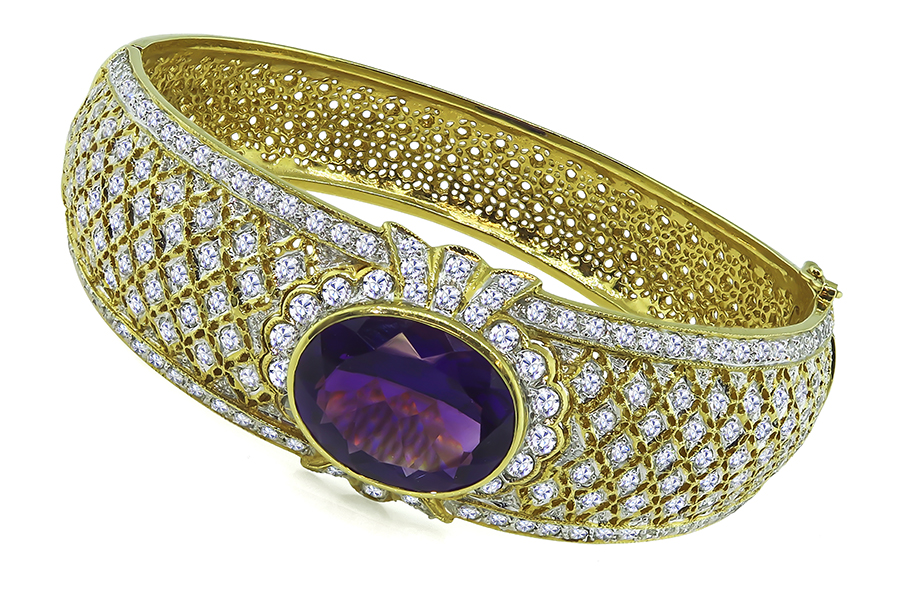 Estate 15.00ct Amethyst 4.50ct Diamond Gold Bangle