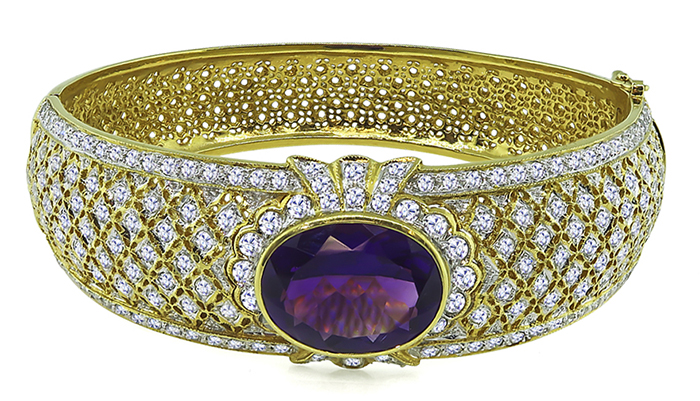 Estate 15.00ct Amethyst 4.50ct Diamond Gold Bangle