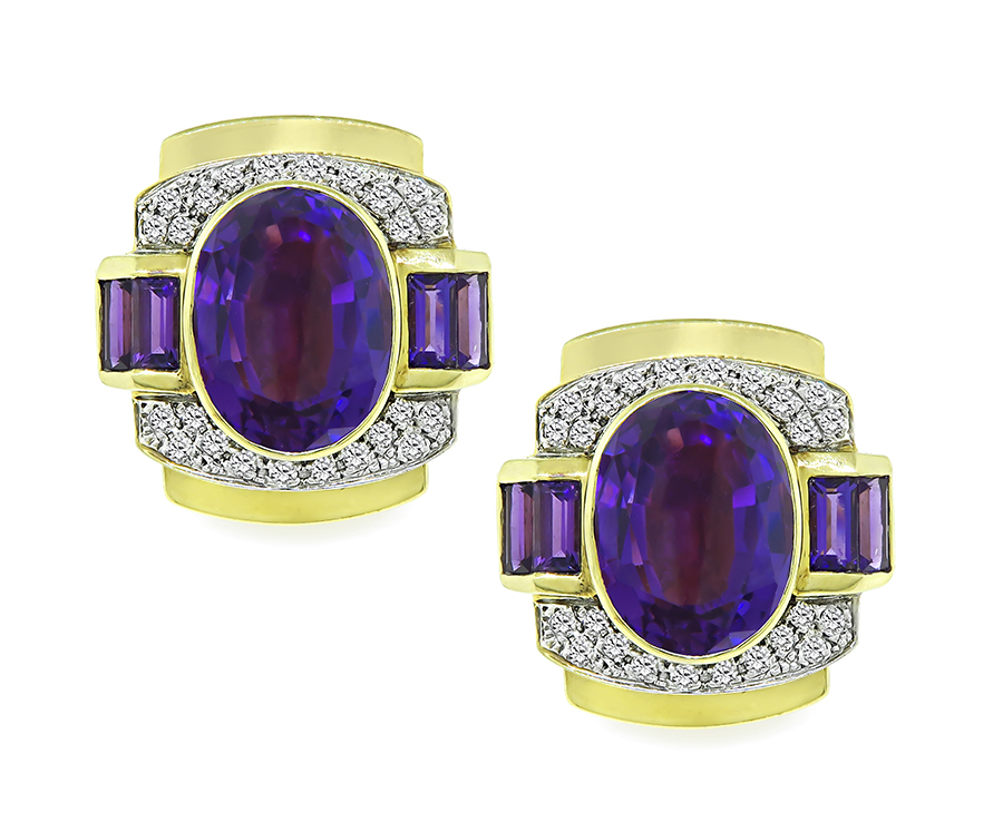 Estate 22.00ct Amethyst 1.40ct Diamond Gold Earrings