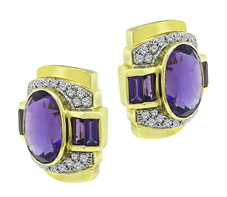 Estate 22.00ct Amethyst 1.40ct Diamond Gold Earrings