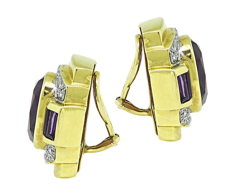 Estate 22.00ct Amethyst 1.40ct Diamond Gold Earrings