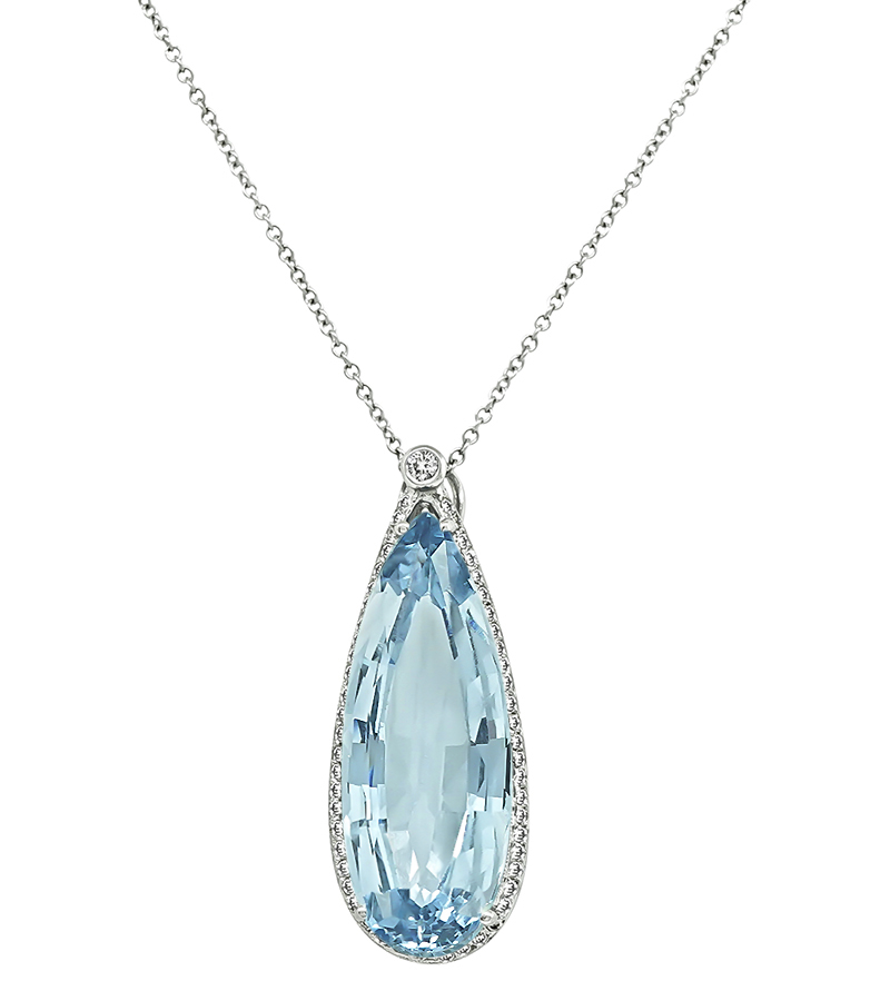 Estate 20.00ct Aquamarine 1.00ct Diamond Pendant Necklace