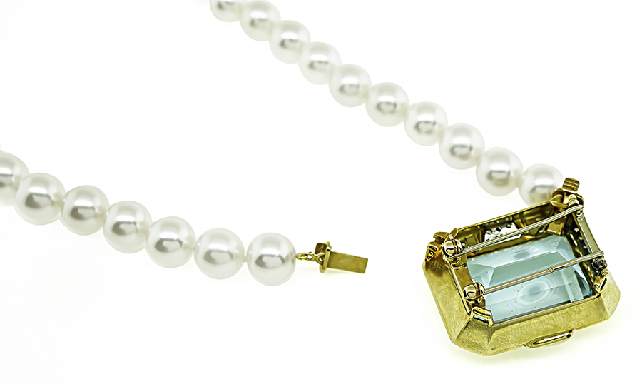 Estate 35.00ct Aquamarine 1.25ct Diamond Pearl Pin / Pendant Necklace