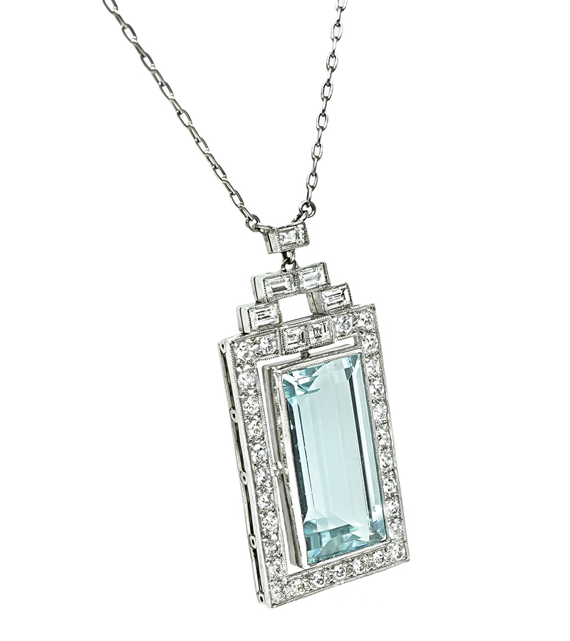 Estate 20.00ct Aquamarine 1.00ct Diamond Pendant Necklace