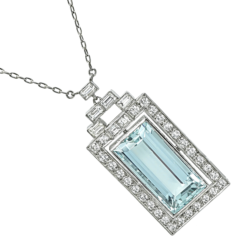 Estate 20.00ct Aquamarine 1.00ct Diamond Pendant Necklace