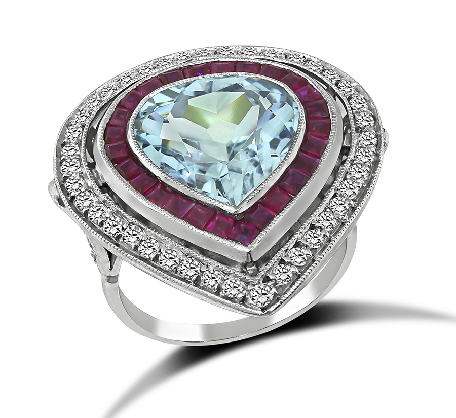 Estate Aquamarine 0.80ct Diamond 1.00ct Ruby Cocktail Ring