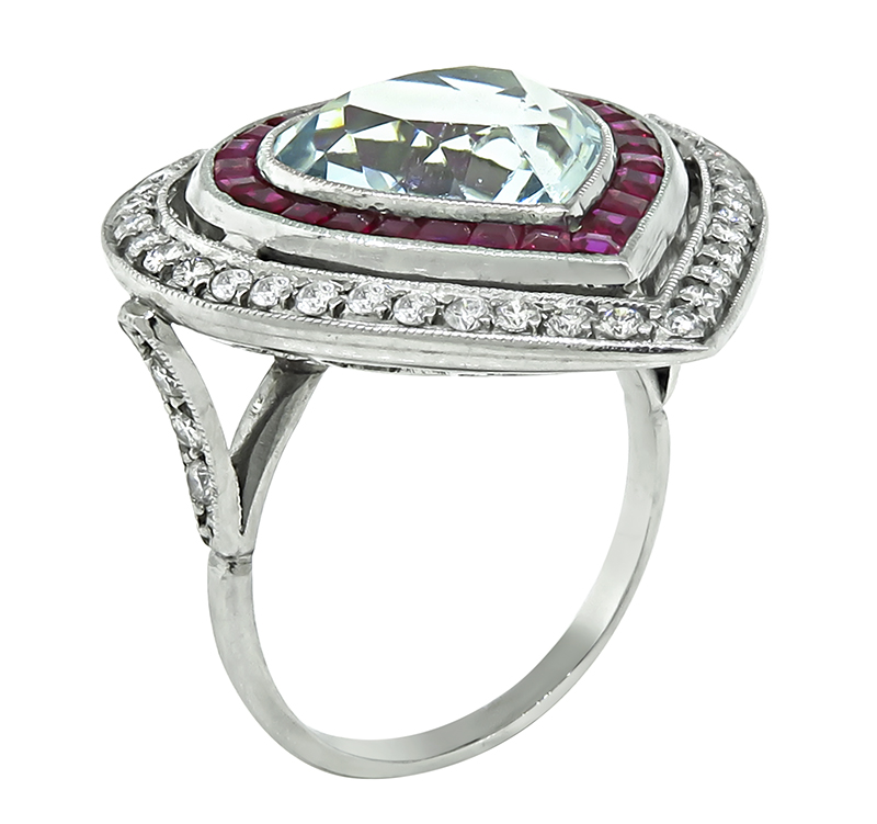 Estate Aquamarine 0.80ct Diamond 1.00ct Ruby Cocktail Ring