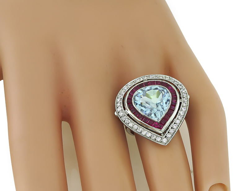 Estate Aquamarine 0.80ct Diamond 1.00ct Ruby Cocktail Ring