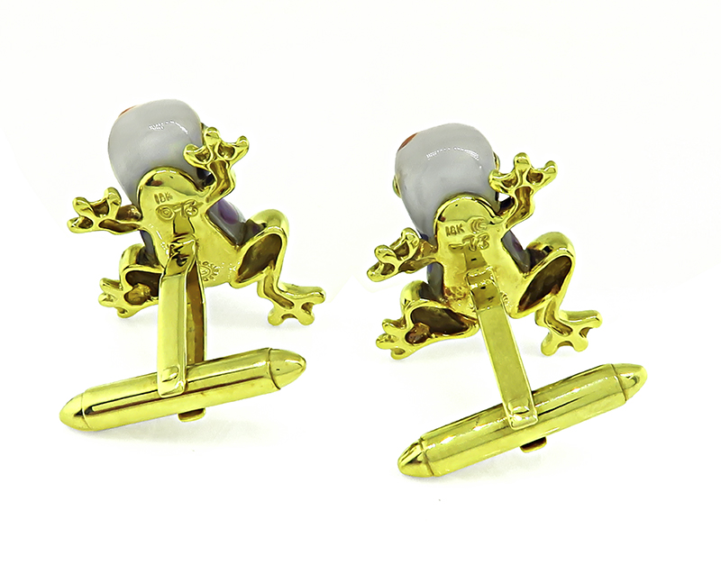 Estate Asch Grossbardt Multi Color Gemstone Inlay Frog Cufflinks