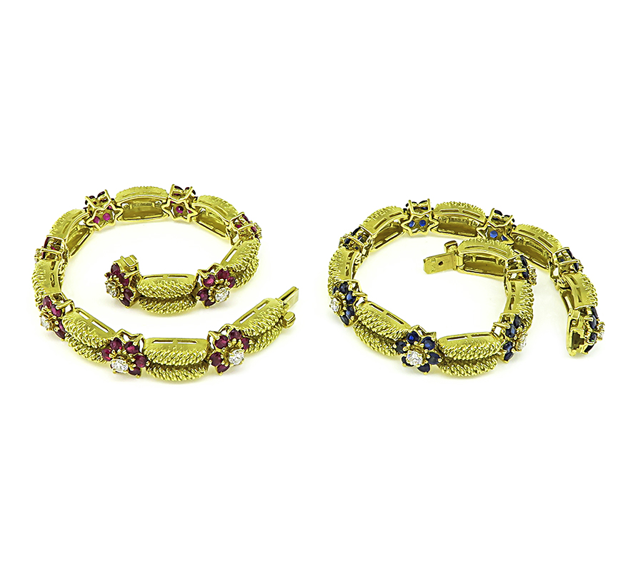 Estate Bertina Diamond Sapphire Ruby Gold Bracelet Set