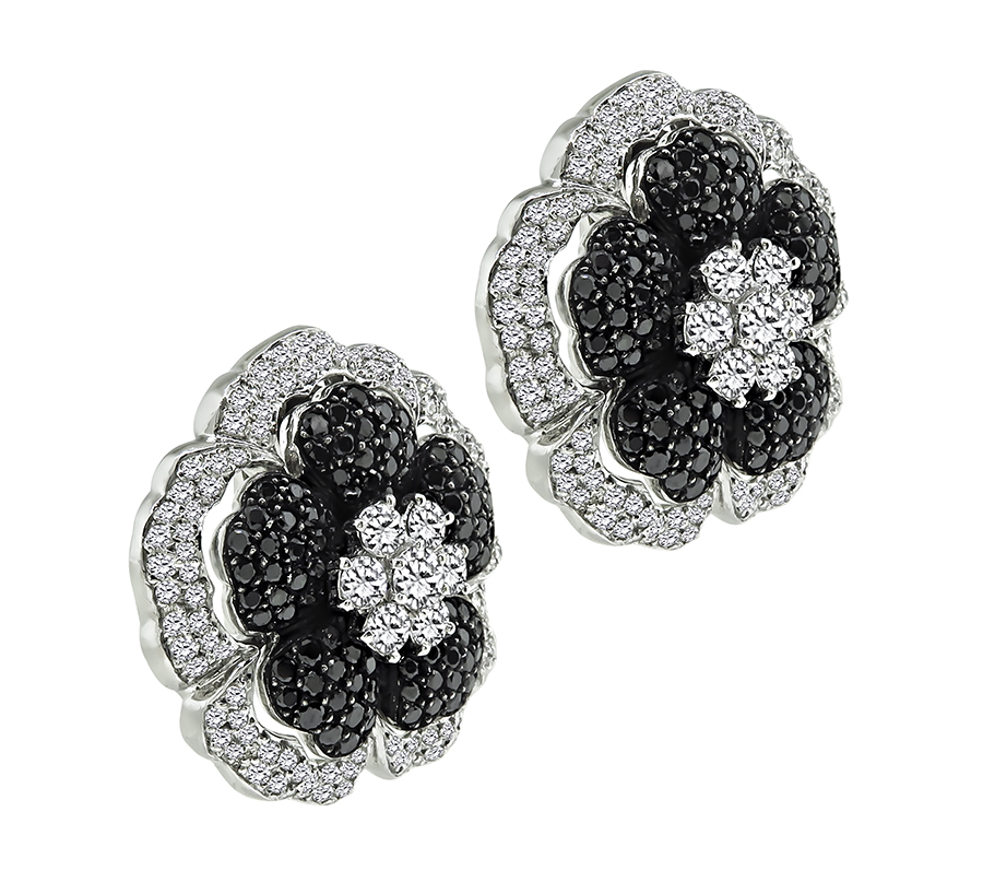 Estate 6.00ct Diamond 3.50ct Black Diamond Flower Earrings
