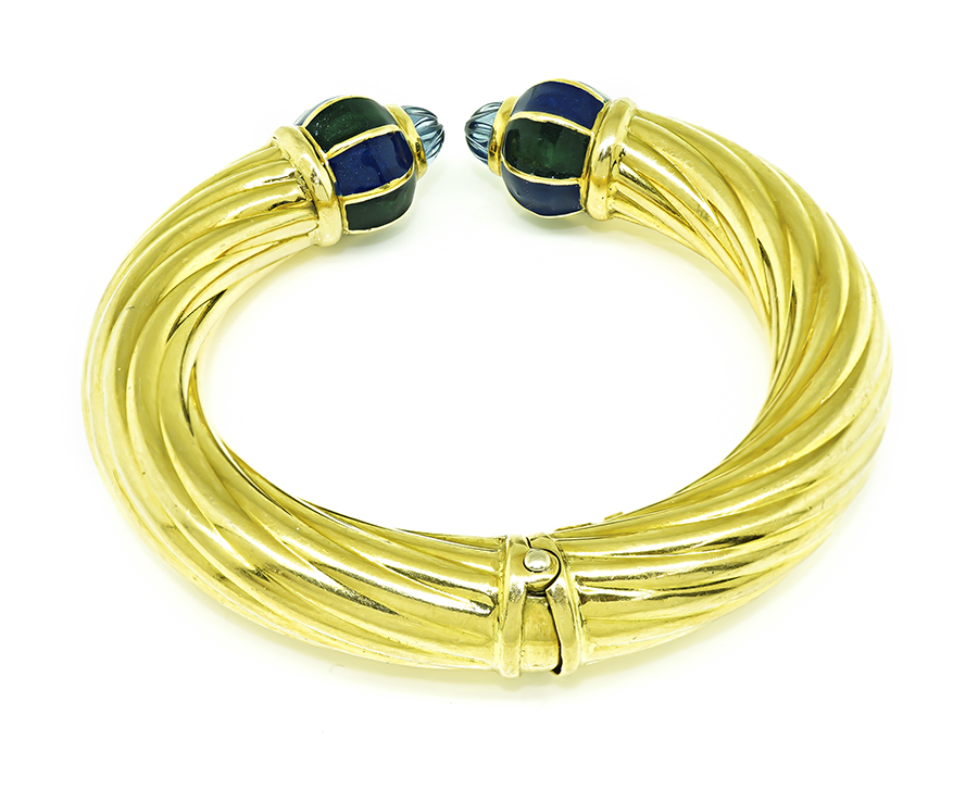 Vintage Carved Blue Topaz Enamel Gold Bangle