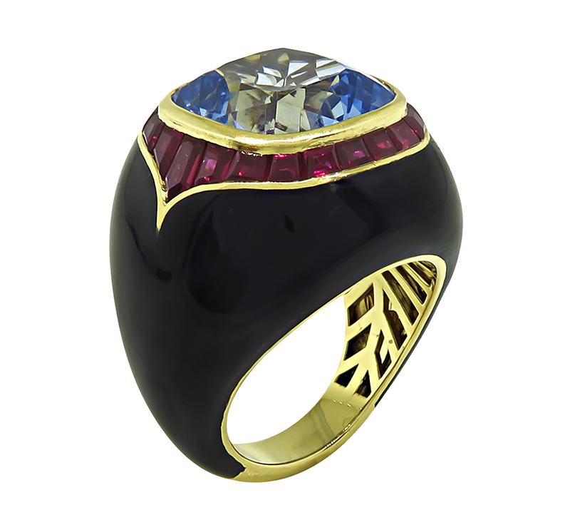 Estate 15.00ct Blue Topaz 3.00ct Ruby Onyx Gold Ring