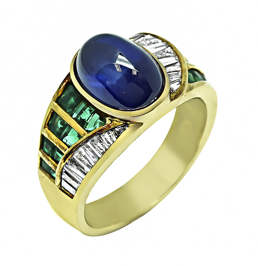 Estate 4.95ct Sapphire 1.08ct Emerald 0.63ct Diamond Gold Ring