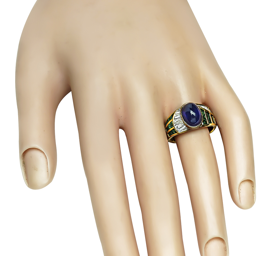 Estate 4.95ct Sapphire 1.08ct Emerald 0.63ct Diamond Gold Ring