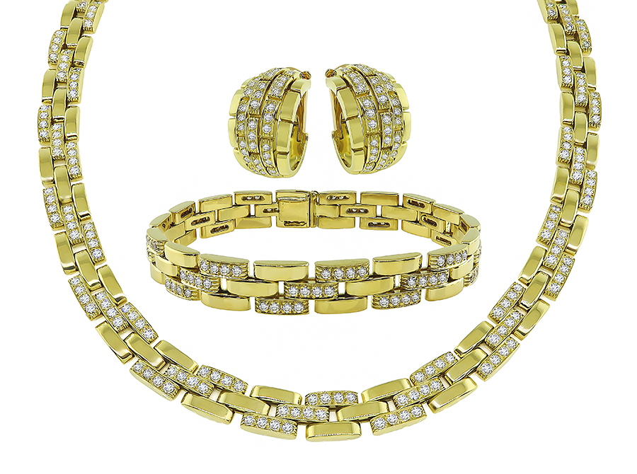 Estate Cartier 12.00ct Diamond Gold Necklace Bracelet and Earrings Set