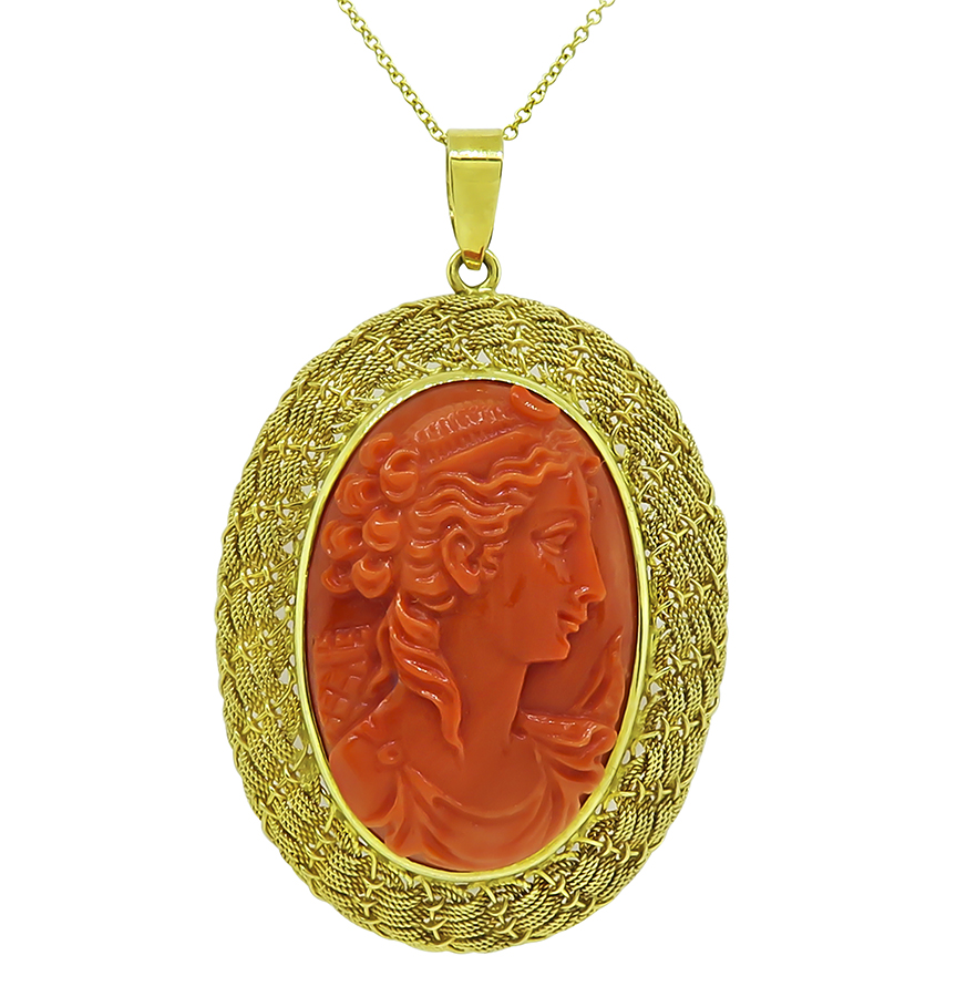 Estate Carved Coral Gold Pendant Necklace