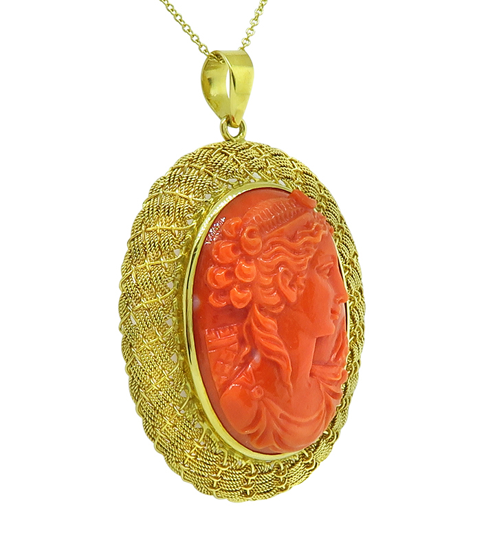 Estate Carved Coral Gold Pendant Necklace