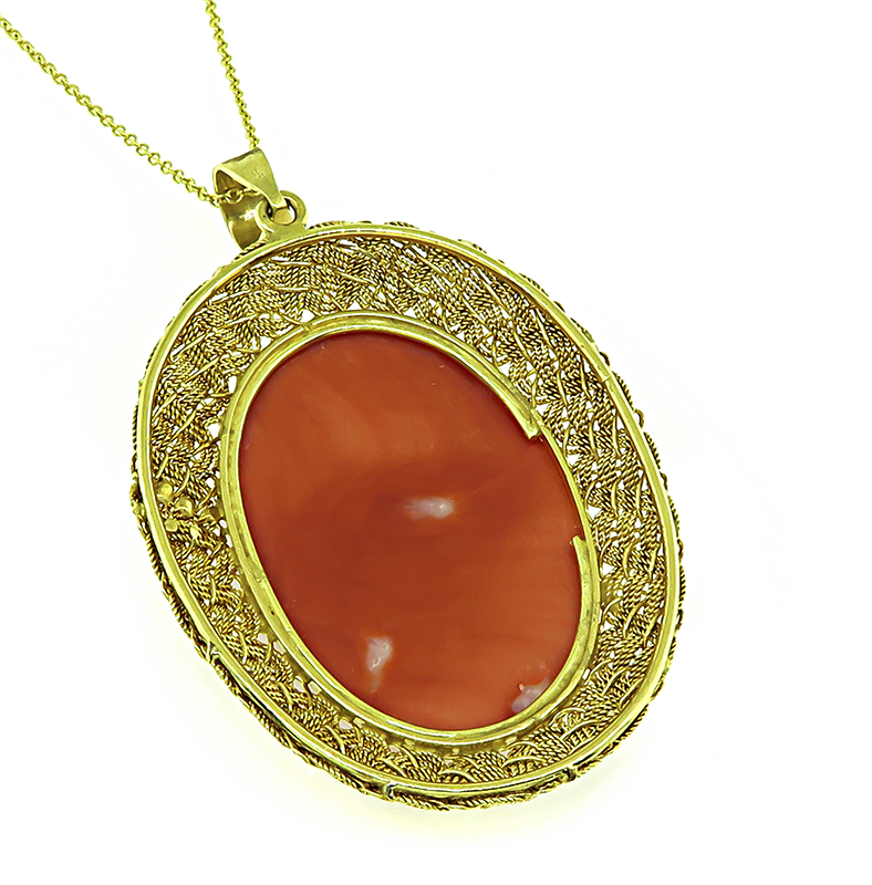 Estate Carved Coral Gold Pendant Necklace