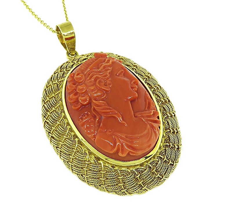 Estate Carved Coral Gold Pendant Necklace