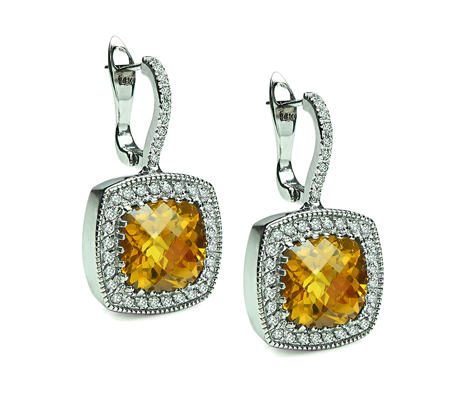 Checkerboard Citrine Round Cut Diamond 14k White Gold Earrings