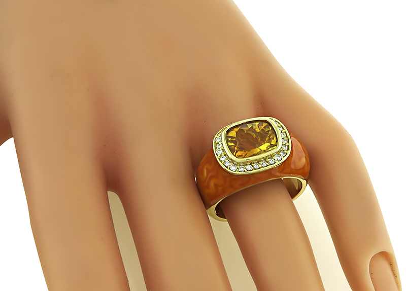 Estate 4.00ct Citrine 0.50ct Diamond Enamel Gold Ring