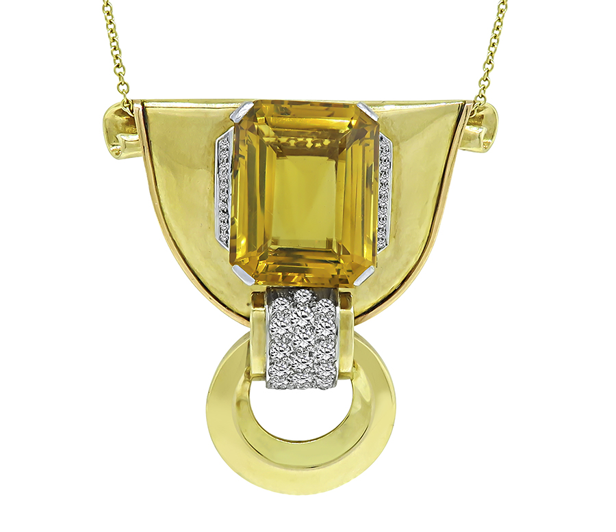 Estate 20.00ct Citrine 1.25ct Diamond Gold Pendant Necklace