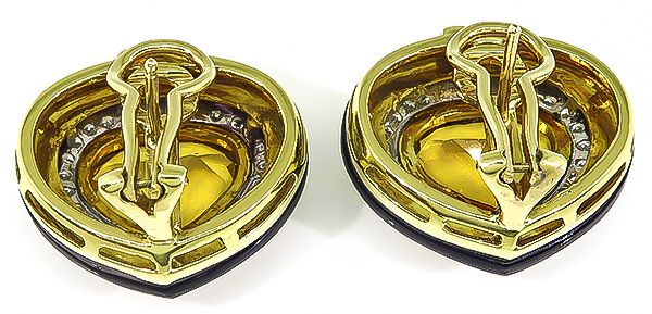 Estate 15.00ct Citrine 0.90ct Diamond Onyx Heart Earrings