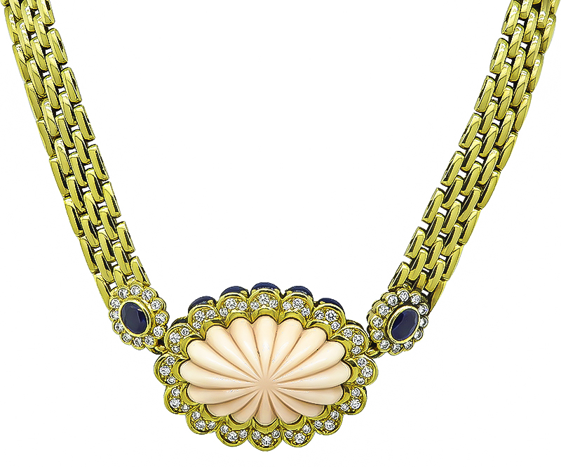 Fope Carved Coral 2.00ct Diamond 7.50ct Sapphire Gold Necklace