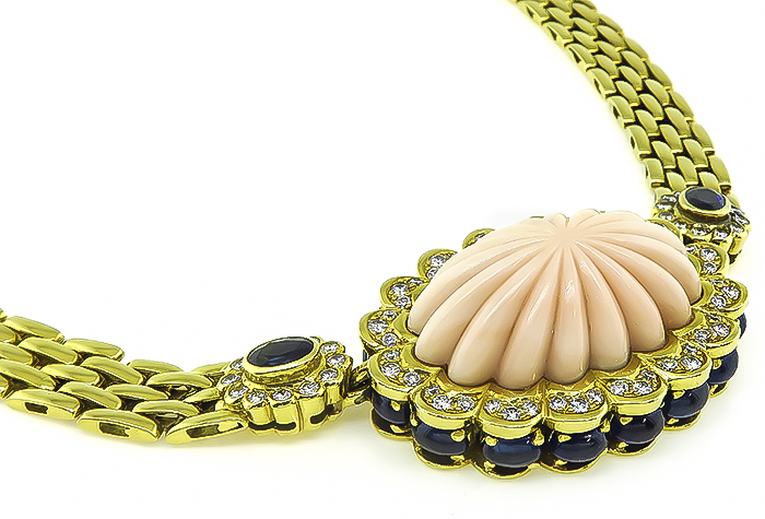 Fope Carved Coral 2.00ct Diamond 7.50ct Sapphire Gold Necklace