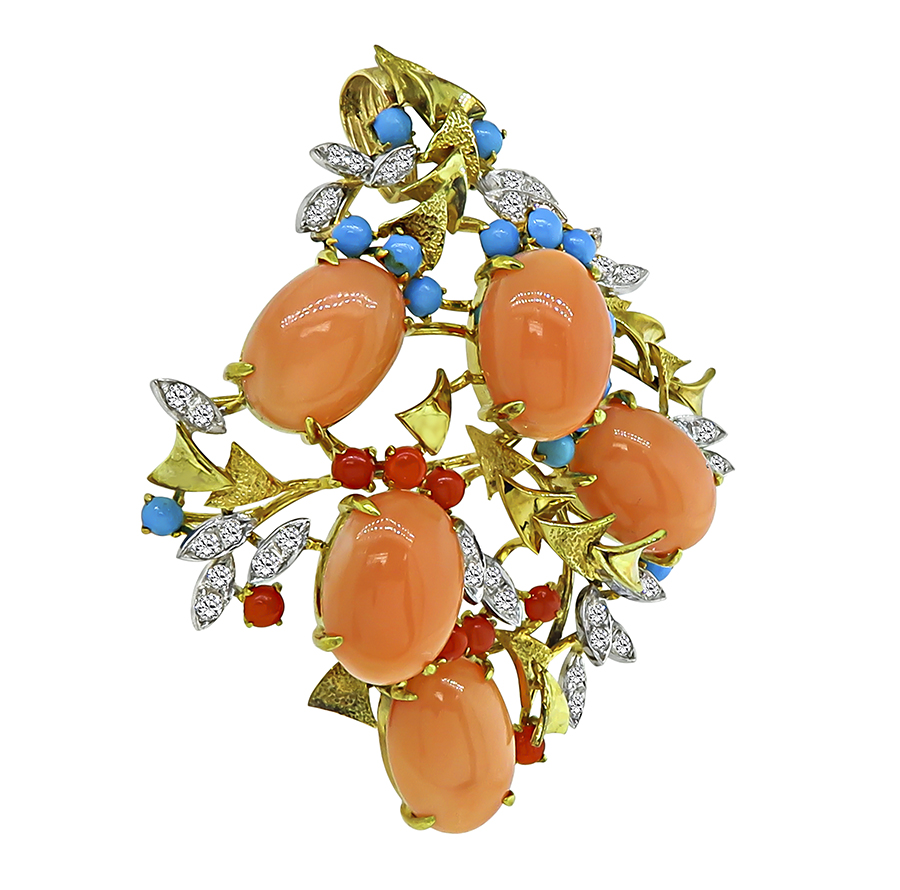 Vintage Coral 0.80ct Diamond Turquoise Pin / Pendant