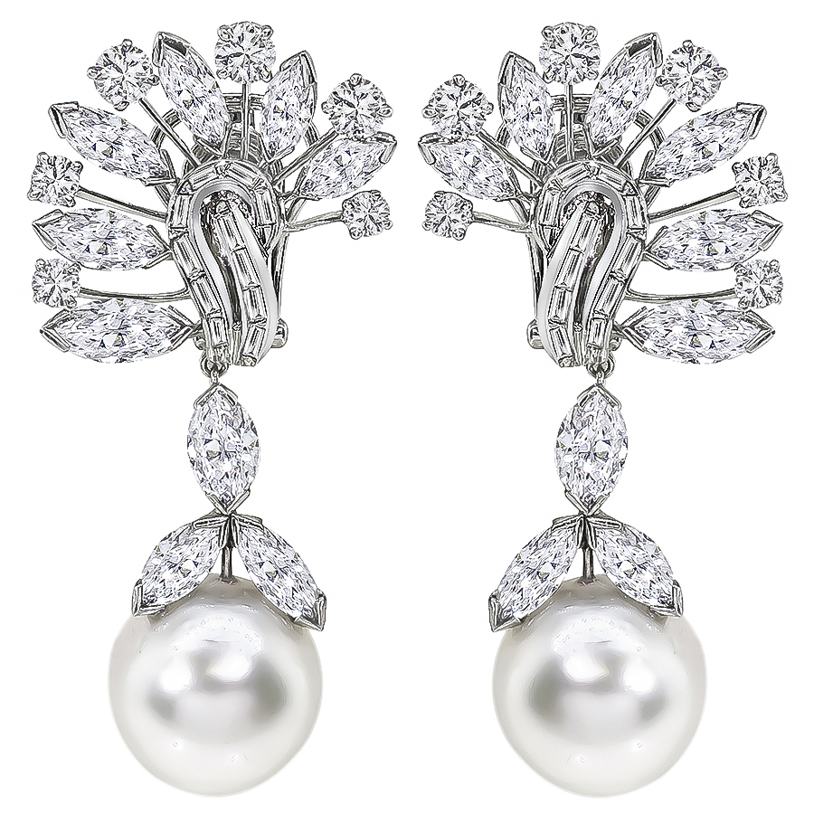 David Webb Diamond Pearl Platinum Chandelier Earrings