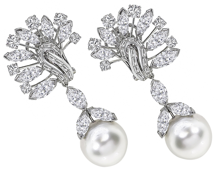 David Webb Diamond Pearl Platinum Chandelier Earrings